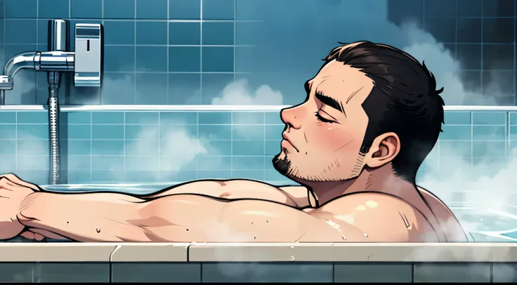 A middle-aged fat man，bath，public bathing pool，contour，indoor，black hair，buzz clip，close eyes，no beard，steam