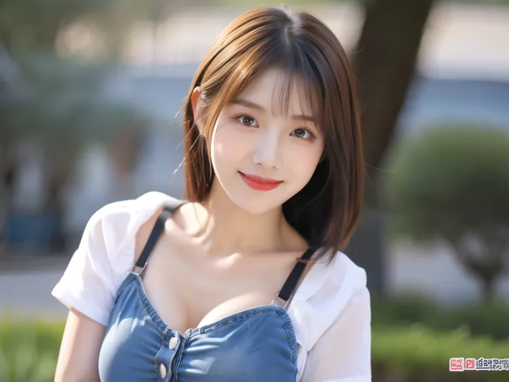 Best quality, 4k, 8k, side detailed face, clear face, pretty girl, Korean makeup, red lips, smile, eyes looking into the distance, perfect body, shoulder length straight short hair, huge breasts, thighs, slim, Thin, girl wears blue tight top showing belly ...