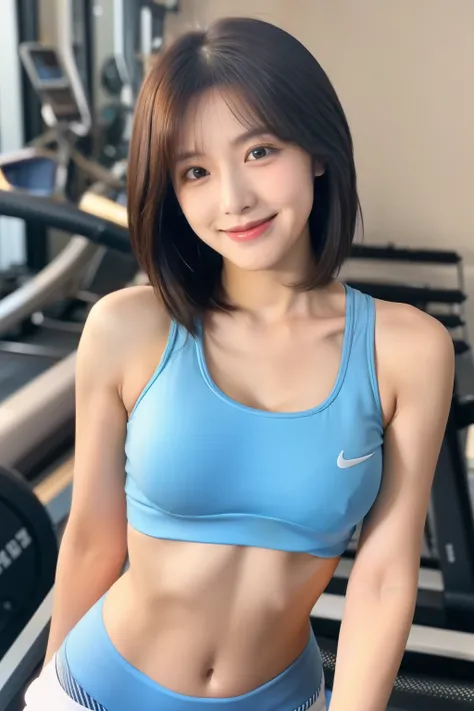 Best quality, 4k, 8k, side detailed face, clear face, beautiful girl, Korean makeup, smile, perfect body, shoulder length straight short hair, huge breasts, slim, skinny, girl wearing blue tight top, revealing Navel, sports shorts, girl standing on treadmi...