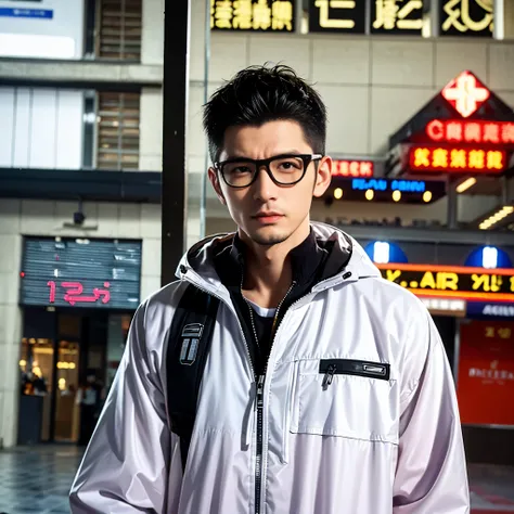 cyberpunk，windbreaker，Handsome man wearing glasses，25 years old，Cold appearance，with a sneer，Oriental man，Neon City