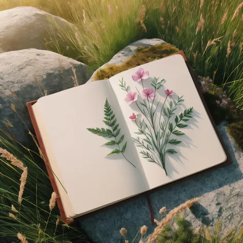 there is a book with a drawing of a flower on it, nature journal, nature study, nature journal cover, natural realistic render, nature and floral aesthetics, field journal, natural study, from nature journal, on a botanical herbarium paper, realistic scene...