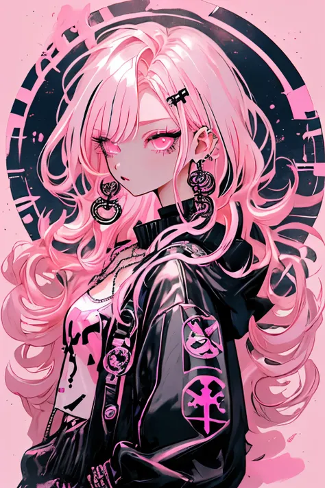 Niji Style, 1girl, solo, long hair, looking at viewer, eye glowing background, jewelry, closed mouth, jacket, upper body, pink hair, earrings, pink eyes, necklace, from side, sweater, lips, eyelashes, makeup, wavy hair, piercing, cross, lipstick, ear pierc...
