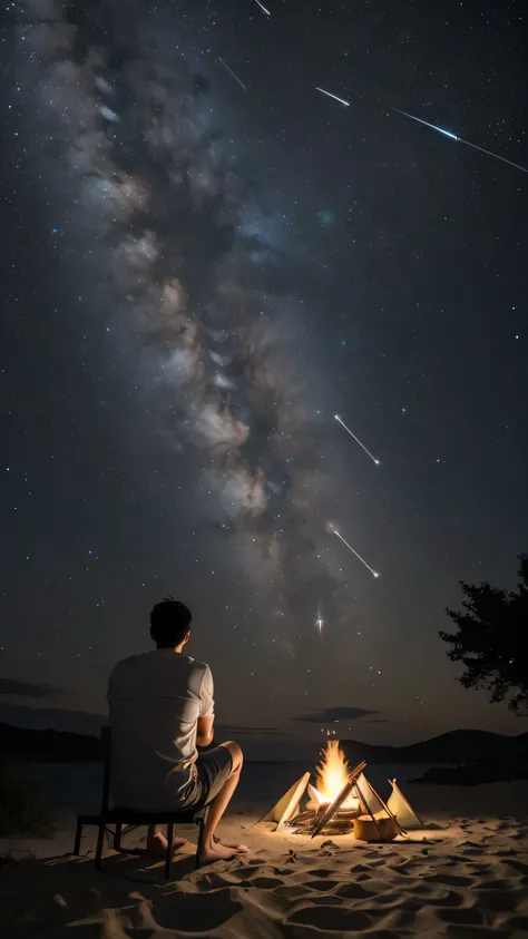 masterpiece, A guy watching the stars on the beach，1 person observing ( Orionids meteor showers), Orionids meteor showers, alone, camping, campfires, looking at the Orionids meteor showers, from behind, from below, outdoor