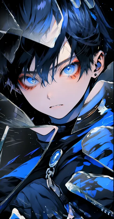 black short hair，blue eyes，1 cool boy，face forward，black clothes