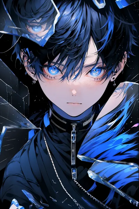 black short hair，blue eyes，1 cool boy，face forward，black clothes