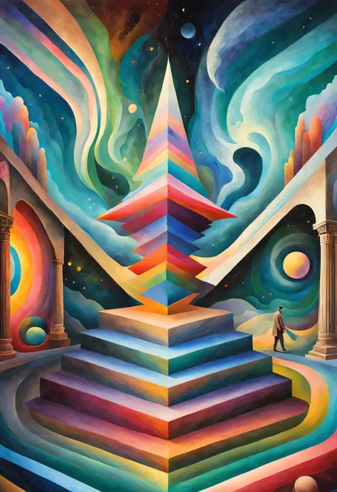 (visual illusion), inception, vision within a kaleidoscope, a painting of a man walking up a wooden staircase, a huge man&#39;s ...