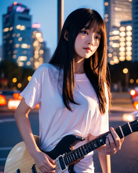 Japanese girl playing guitar　Detailed dark hair with intricate colors　hair blowing in the wind　smooth soft skin　Eyes downcast　Plain white t-shirt　skirt　beautiful blue sky　city after disaster　Collapsed buildings　a burned field　delicate background　profession...