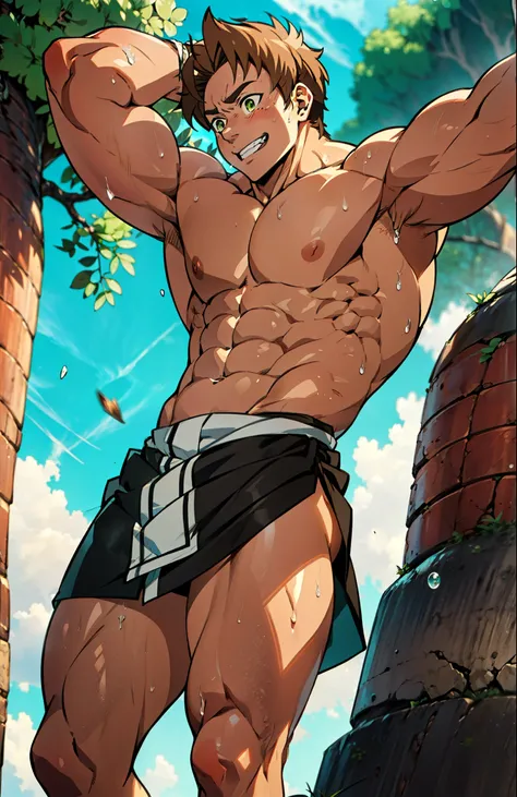 Showing off his muscular muscular back, red skin, bright red skin, the boy blushed shyly , rosy skin, shiny skin(muscular thigh muscles )( anime style, art) (photo angle from bottom up) (photo angle from the ground upwards) [Anime photo][highest quality ph...