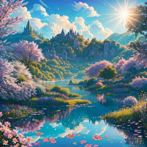 artstation style illustration, dark fantasy landscape,  flower petals, lake, hedge in background, reflections, ruins, best quality, masterpiece, lens flare , high contrast, saturated colors, Style-Glorious