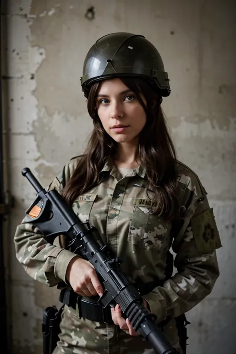 Generate me a brunette model in an army gear, cosplaying an army soldier, with a rifle in her hand and her being in full camo with a helmet 