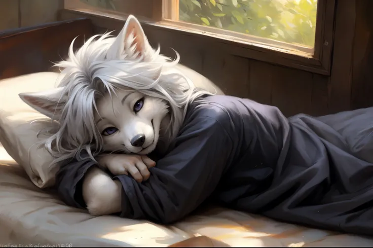 by kenket, by totesfleisch8, (by thebigslick, by silverfox5213:0.8), (by syuro:0.2), white wolf girl, white wolf ears, white furry body, purple eyes, long white hair, hair parted in the middle, messy hair, wearing very loose black pajama shirt,  smiling, s...