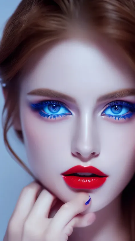 Detailed female face looking at camera, blue eyes, Hot thick red lips, Mouths parted with sensuality, Fix a deformed finger, realistic, sharp eyes