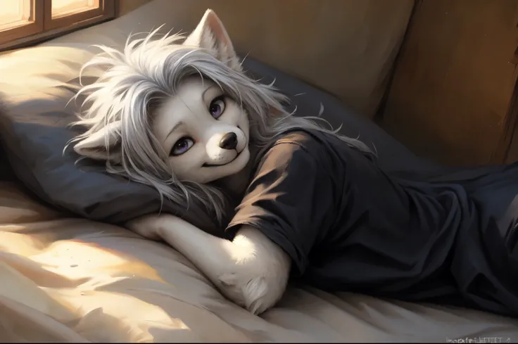 by kenket, by totesfleisch8, (by thebigslick, by silverfox5213:0.8), (by syuro:0.2), white wolf girl, white wolf ears, white furry body, purple eyes, long white hair, hair parted in the middle, messy hair, wearing very loose black pajama shirt,  smiling, s...