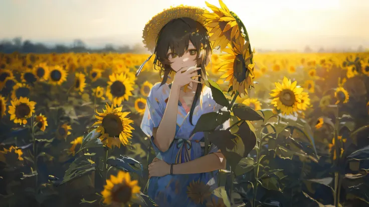 sunflower田里有一个拿着花的女人, 美丽的sunflower动漫女孩, japanese manga. soft light, japanese manga style mixed with Fujifilm, Scenes : sunflower田, Scenes: sunflower田, , anime aesthetics, Guwitz, Guwitz-style artwork, 8k)), in a field of blooming flowers, Samu rice paste, ...