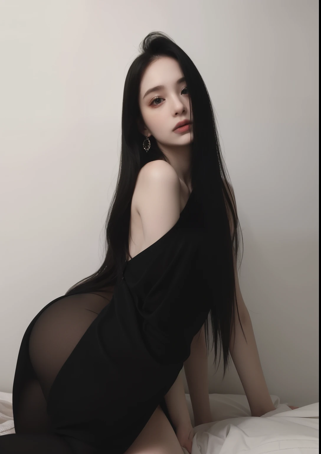 there is a woman in black stockings sitting on a bed, with pale skin, 18 anos de idade, pale gothic beauty, fair and pale skin!!, pale white skin, 1 7 year old goth girl, pale skin!, very pale white skin, very pale skin, very very pale white skin, (12x) ex...