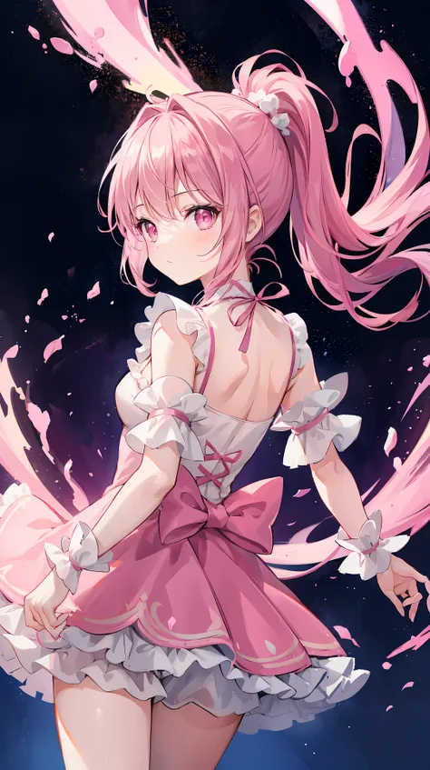 1 girl, Pink double ponytail hair, pink eyes, pink ruffle dress, Magical girl, ridiculous, high resolution, super sharp, 8k, masterpiece, looking at the audience