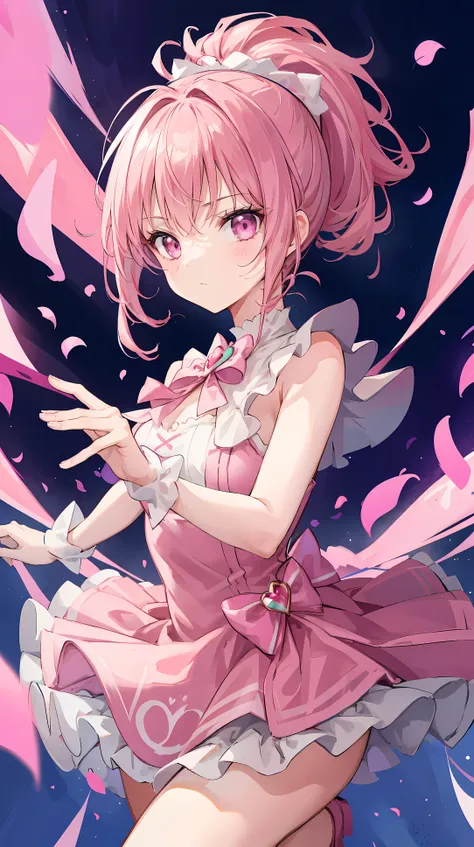 1 girl, Pink double ponytail hair, pink eyes, pink ruffle dress, Magical girl, ridiculous, high resolution, super sharp, 8k, masterpiece, looking at the audience