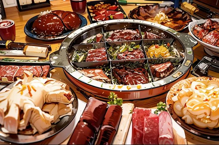 there are many different types of meats on the table, close-up of food, tasty, 非常tasty, the table is full of food, cheese and sa...