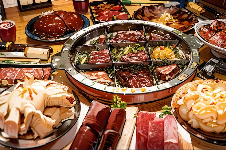 there are many different types of meats on the table, Close-up of food, delicious, 非常delicious, The table is full of food, Cheese and salami on the table, Chinese, The photo shows a large, Sichuan, feast, ground red meat, eating meat, meat, meats on the gr...