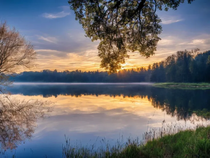 wallpaper, summer, lake, dawn, forest behind the lake, detailed forest, clouds, masterpiece, cinematic, soft light, depth of fie...