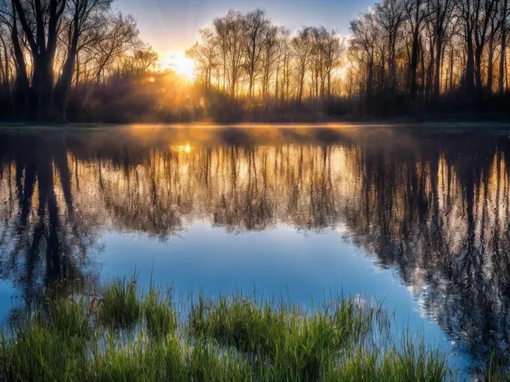 wallpaper, summer, lake, dawn, forest behind the lake, detailed forest, clouds, masterpiece, cinematic, soft light, depth of fie...