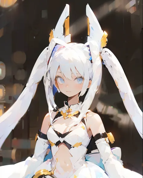 (((Masterpiece))), (((Beautiful Light))), (((Top Light))), (Strong Light)), Anime Girl, 1girl, young, short stature, flat chest, solo, wings, long hair, dress, blue eyes, white dress, priests dress, cape, white hair, white pantyhose, feather wings, looking...