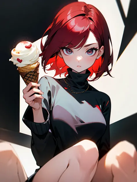 Girl with short red hair in a black sweater holding an ice cream 