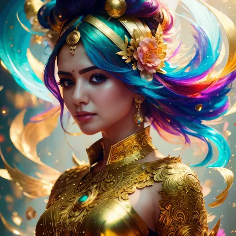 (samantha),a close up of a indian woman with colorful hair and a gold dress, glitter and glow on face,artgerm julie bell beeple, rossdraws cartoon vibrant, 8k stunning artwork, fantasy art behance, deviantart artstation cgscosiety, artgerm on artstation pi...