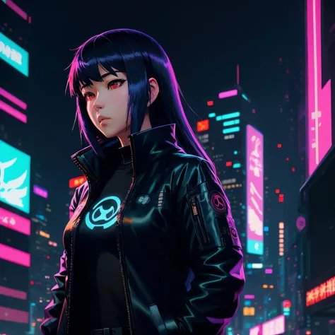 anime girl with long hair and black jacket in a city, ghost in the shell art style, modern cyberpunk anime, cyberpunk anime art, artstyle : ilya kuvshinov, digital art ilya kuvshinov, anime cyberpunk art, ghost in the shell style, digital cyberpunk anime a...