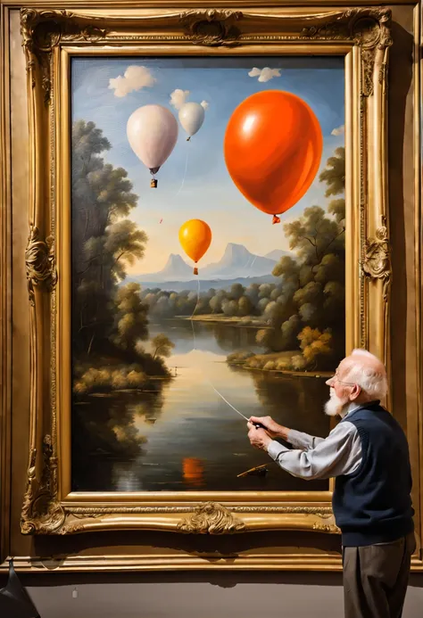 an optimal illusion of a balloon inside an oil picture inside a painting being painted by an old man