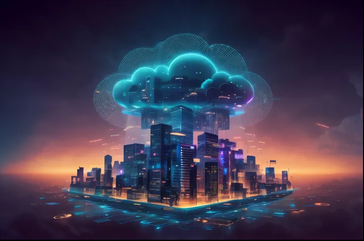 (ch),a cloud with glowing lights over a city, a city in the clouds, cloudpunk, floating city on clouds, city in the clouds, clou...