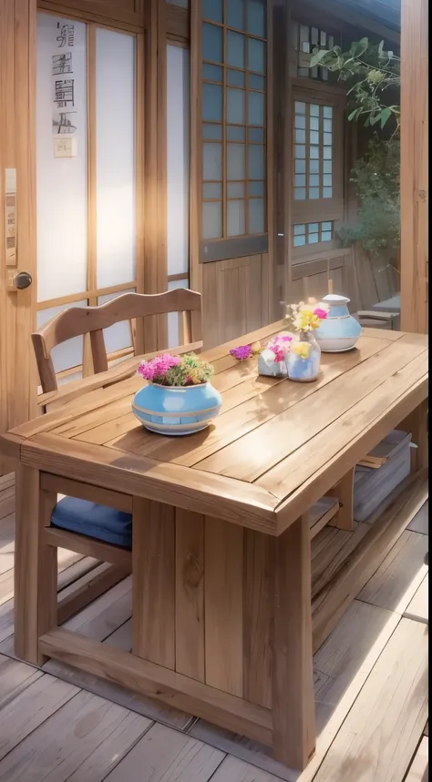 in the courtyard，There are neat wooden tables and chairs.，Mooncakes are placed on the table.、fruit、tea, etc，There are also scented candles to enhance the ambient lighting.。เด็กผู้หญิงกลุ่มหนึ่งยืนกระจัดกระจายอยู่in the courtyard，and some people sit in chai...