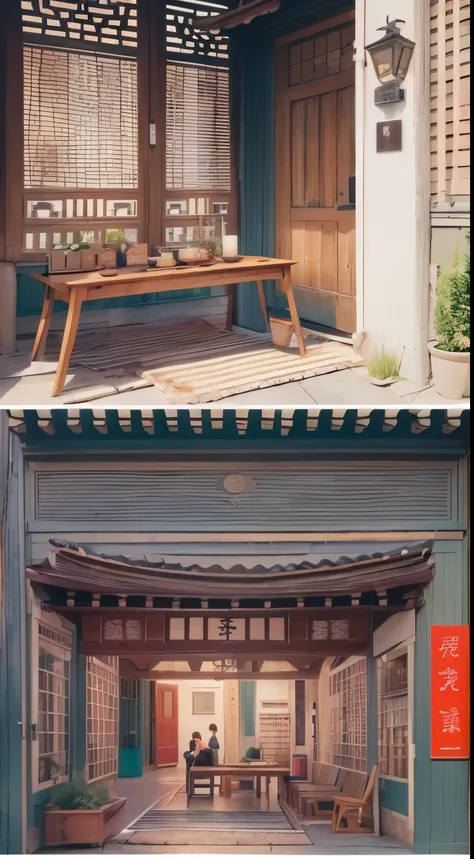 in the courtyard，There are neat wooden tables and chairs.，Mooncakes are placed on the table.、fruit、tea, etc，There are also scented candles to enhance the ambient lighting.。เด็กผู้หญิงกลุ่มหนึ่งยืนกระจัดกระจายอยู่in the courtyard，and some people sit in chai...