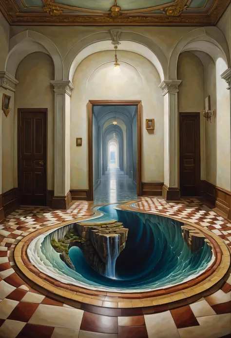 Optical illusion art,3D painting on the lobby floor,3D artwork,Surrealism,The details are impeccable