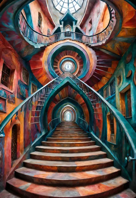 (visual illusion), "inception", illusive fusion of a wooden staircase painting with a giant man&#39;s face in a kaleidoscope, re...