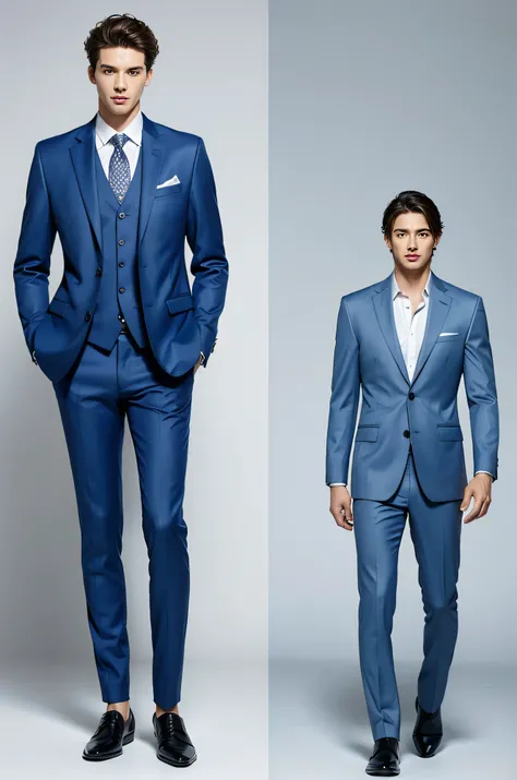 Mens suits，suit，suit，Wear it with a shirt，Blue suit，light blue blouse，whole body，Model，design diagram，HD，