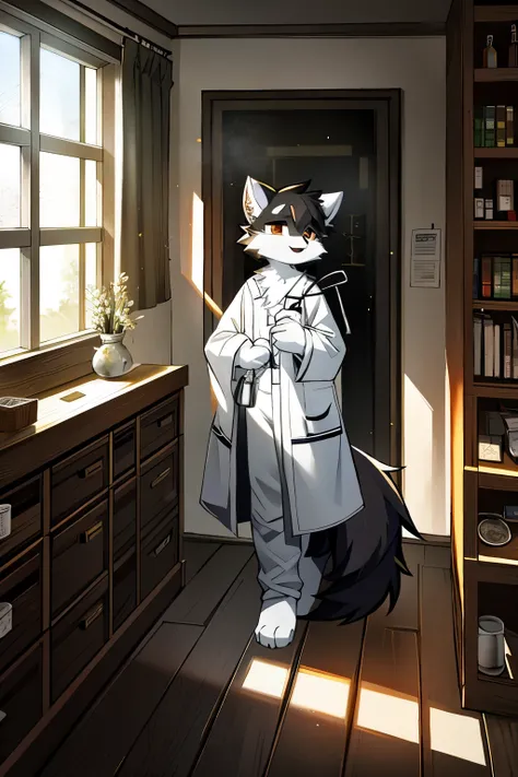 masterpiece, high quality, absurd res, digital painting ,anthro male wolf. (Brown eyes, black fur, full body fur, wolf snout, plain white clothes, old:1.2), dark eyes,panorama,character focus.detailed background,(white medicine shop, indoor, white medicine...