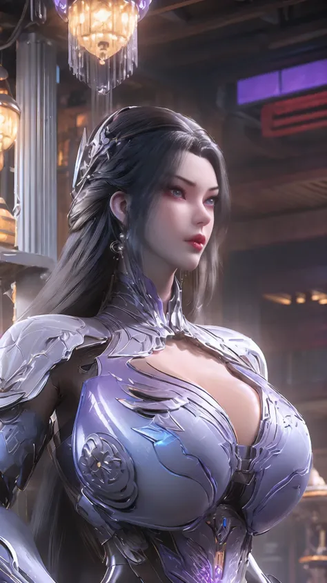 AI GIRL,SOLO,UPPER BODY CLOSE UP, ((BEAUTY BLACK HAIR)), (GIGANTIC FAKE BREAST:1.5), ((NSFW CLEAVAGE:1.5)), (MUSCLE ABS:1.3), (LED PURPLE SHINY FUTURISTIC MECHA CYBER CROP TOP, BLACK MECHA SKINTIGHT LEGGINGS,PORTRAIT:1.5), (MUSCULAR PERFECT BODY MATURE WOM...