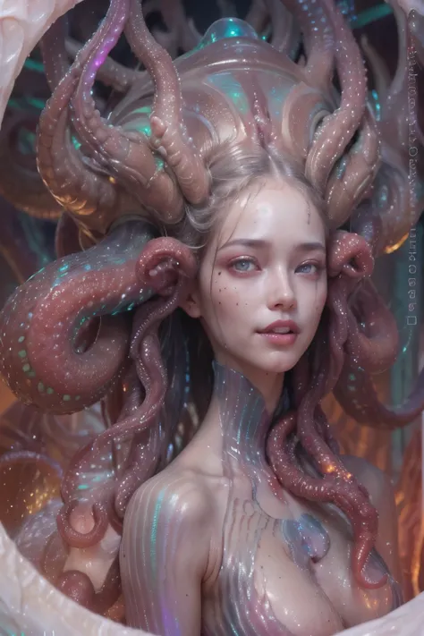 (1 beautiful and obscene female alien:1.4), (There is a female genital-like organ in the middle of her forehead:1.95), SHe has medusa-like hair, (there are lots of translucent tentacles from her head like her hair:1.8), (vulgarity1.7), (she is looking at v...