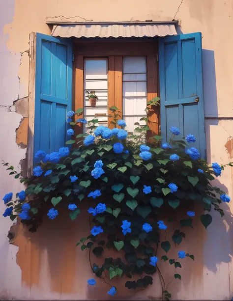 Uma janela azul com rosas azuis e parede de stuco rosa. O sol brilha e reflete nos vidros da janela e projetam sombras