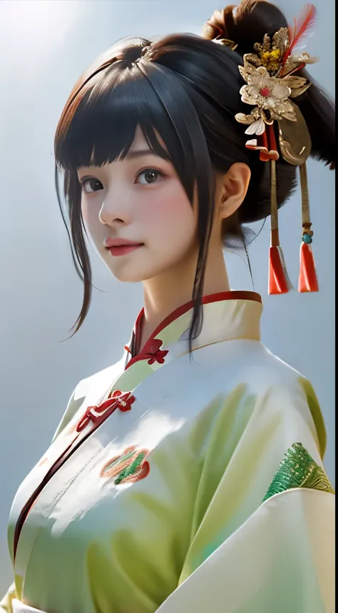 A girl, ancient Chinese costume, sunshine, clear face, clean white background, masterpiece, super detail, epic composition, ultra HD, high quality, extremely detailed, official art, uniform 8k wallpaper, super detail, 32k -- v 6