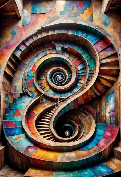 (visual illusion), double contact begins, vision within a kaleidoscope, ,spiral giant&#39;s-faced wooden stairs blend into it，th...