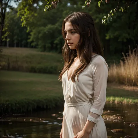 a brunette solo, well dress graceful posture, sensual pose, photography, low key, fine art, expressive eyes, soft tousled hair, subtle shadows, striking silhouette, artistic simplicity, exquisite details, deep emotions, captivating beauty, outdoors.