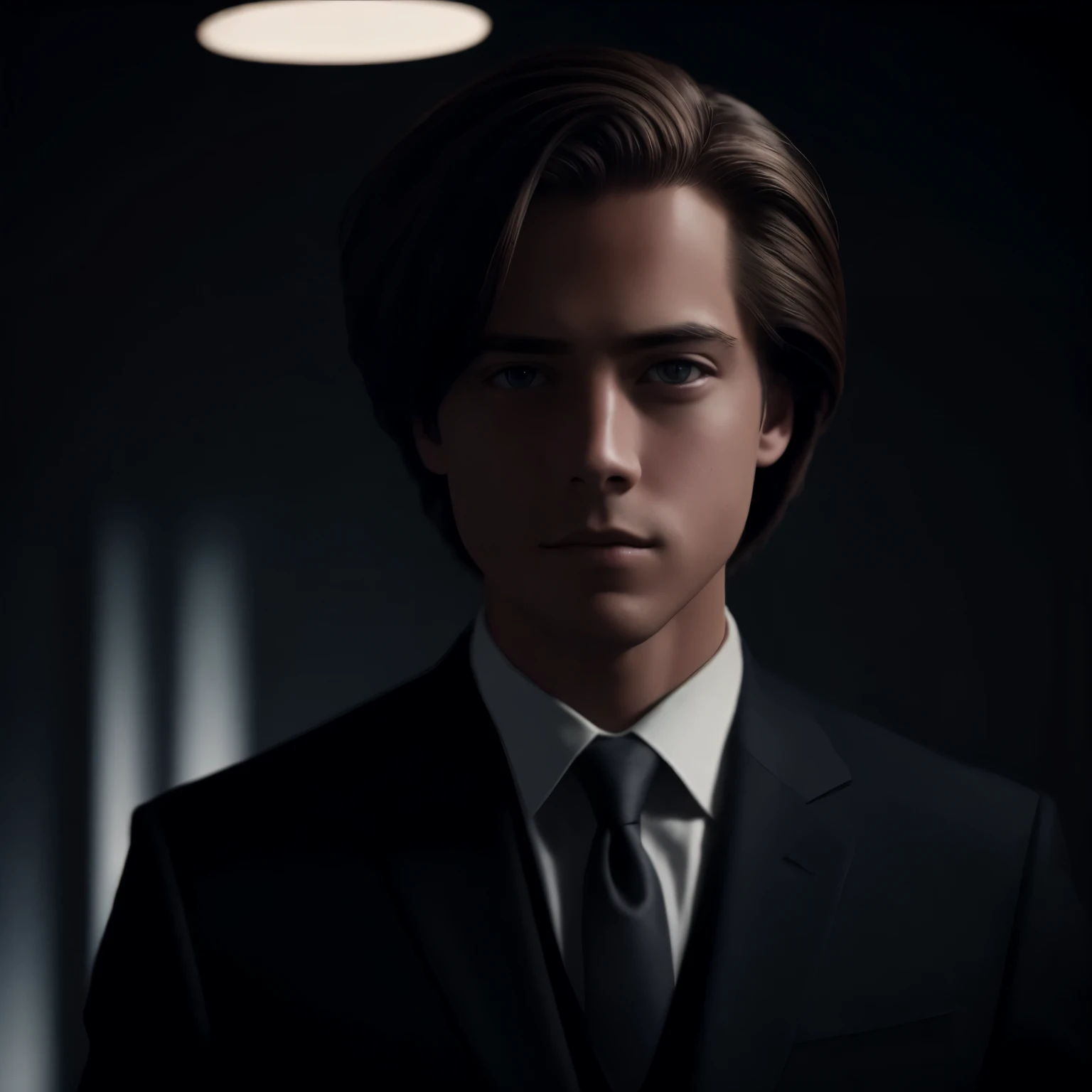 Cole Sprouse standing with 30 years in suit and tie, body and head straight in the photo, (((DSRL)))), facing the viewer of the photo, eyes fixed to the lens, studio photo, ((((appears hair, shoulders and head in the photo)))), man centered in the photo, 8...