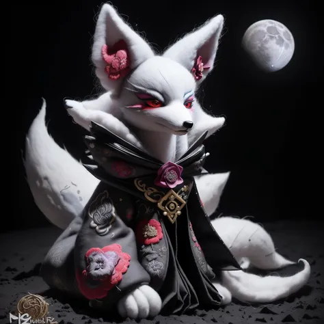 (a needle-felted Kitsune),(ornate embroidered floral on the moon),(graffiti-style),(ink splatters),(charcoal dustings),(photography),(baroque elegance:1.1),(powdery),(origami style),(2K),(HDR)