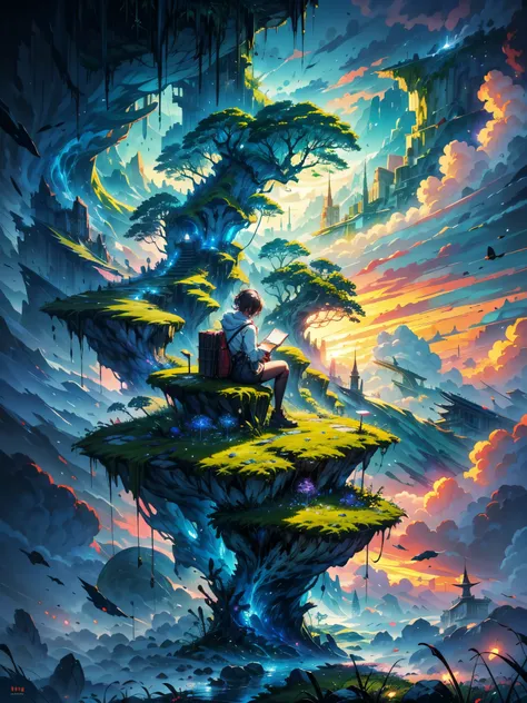 shinkai Mokoto and Ghibli anime style, from behind,above the cloud,a girl in adventure outfit sitting on a mossy stage looking at the majestic lost city and the giant world tree next to it, lost city above the cloud and towering sky, magical glowing partic...