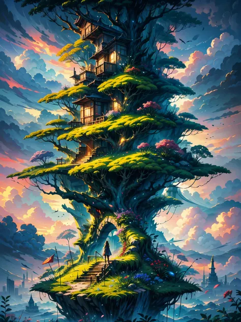 shinkai Mokoto and Ghibli anime style, from behind,above the cloud,a girl in adventure outfit sitting on a mossy stage looking at the majestic lost city and the giant world tree next to it, lost city above the cloud and towering sky, magical glowing partic...