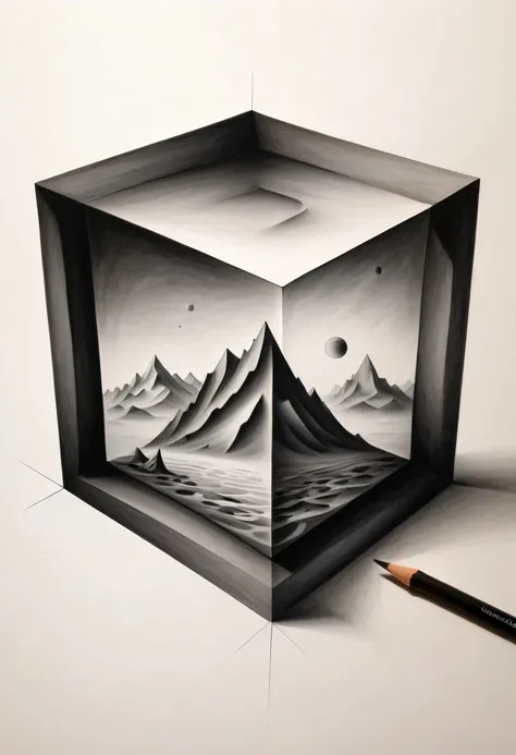 Optical illusion art,Draw a 3D diagram on a piece of paper，square paper，3D artwork，Surrealism，The details are impeccable，Drawing with charcoal，simple