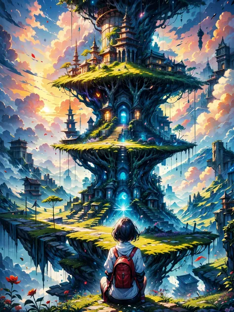 shinkai Mokoto and Ghibli anime style, from behind,above the cloud,a girl in adventure outfit sitting on a mossy stage looking at the majestic lost city and the giant world tree next to it, lost city above the cloud and towering sky, magical glowing partic...