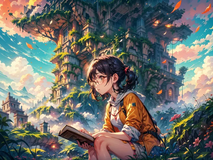 shinkai Mokoto and Ghibli anime style, from behind,above the cloud,a girl in adventure outfit sitting on a mossy stage looking at the majestic lost city and the giant world tree next to it, lost city above the cloud and towering sky, magical glowing partic...